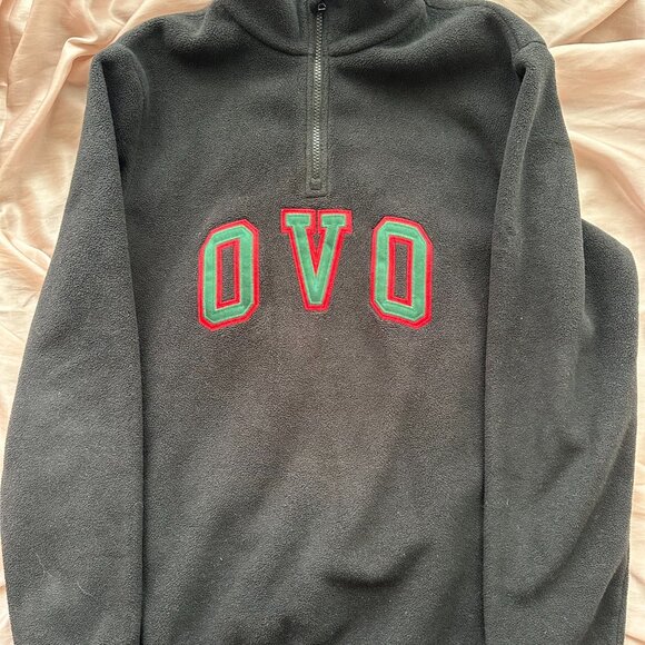 OVO Fleece Quarter-Zip Pullover Sweater - Black - Green/Red Letters - Size L - Picture 1 of 4
